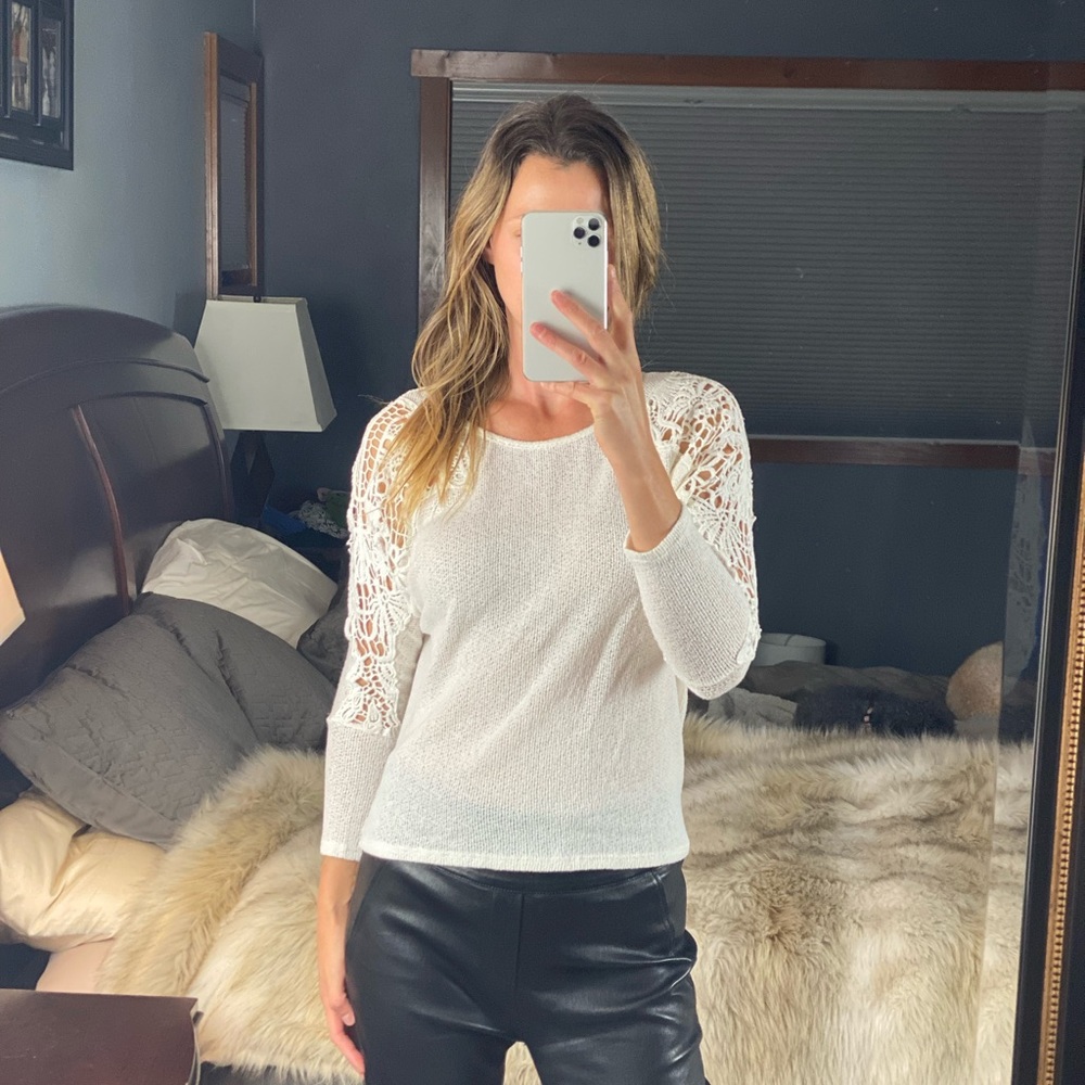 Black Bead Long Sleeve Crochet Shoulder Sweater, Large